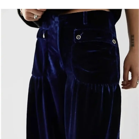 Free People Womens Size 24 Lotus Dropped Patch Cinched Tie Ankle Blue Velvet New - Picture 3 of 7